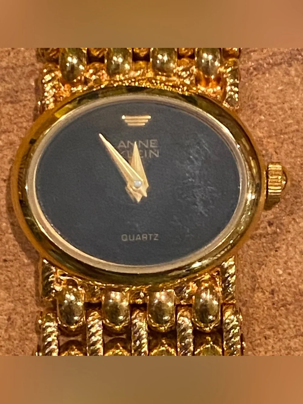 Anne Klein Gold Mesh Bracelet Watch with Black Dial and Burgundy Case Sleeve
